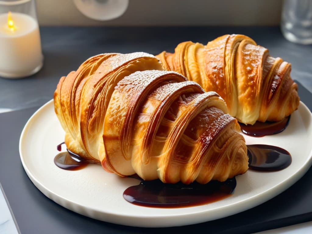  A closeup, ultradetailed image of a perfectly golden, flaky vegan croissant on a sleek, modern white plate, with a drizzle of amber agave syrup glistening on top. The croissant sits on a black marble countertop, capturing the textures and layers of the pastry in stunning clarity. hyperrealistic, full body, detailed clothing, highly detailed, cinematic lighting, stunningly beautiful, intricate, sharp focus, f/1. 8, 85mm, (centered image composition), (professionally color graded), ((bright soft diffused light)), volumetric fog, trending on instagram, trending on tumblr, HDR 4K, 8K