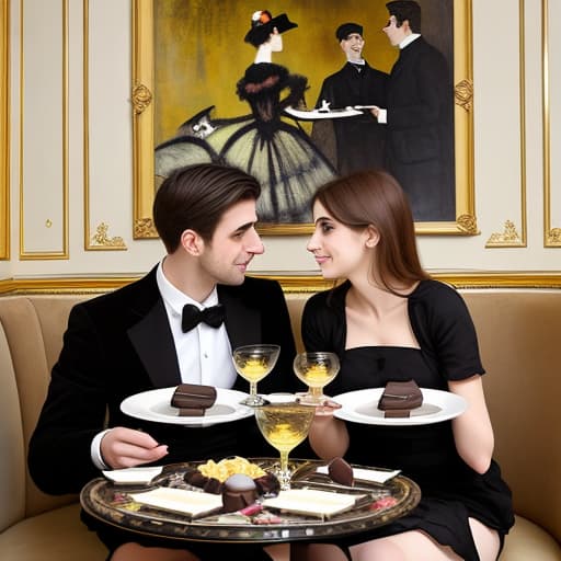  Attractive Beautiful young modern Parisian couple dressed in modern designer attire looking at each other. Foreground is plates of fine dark chocolates. Background is an exclusive Parisian restaurant . Painting style of Edgar Degas