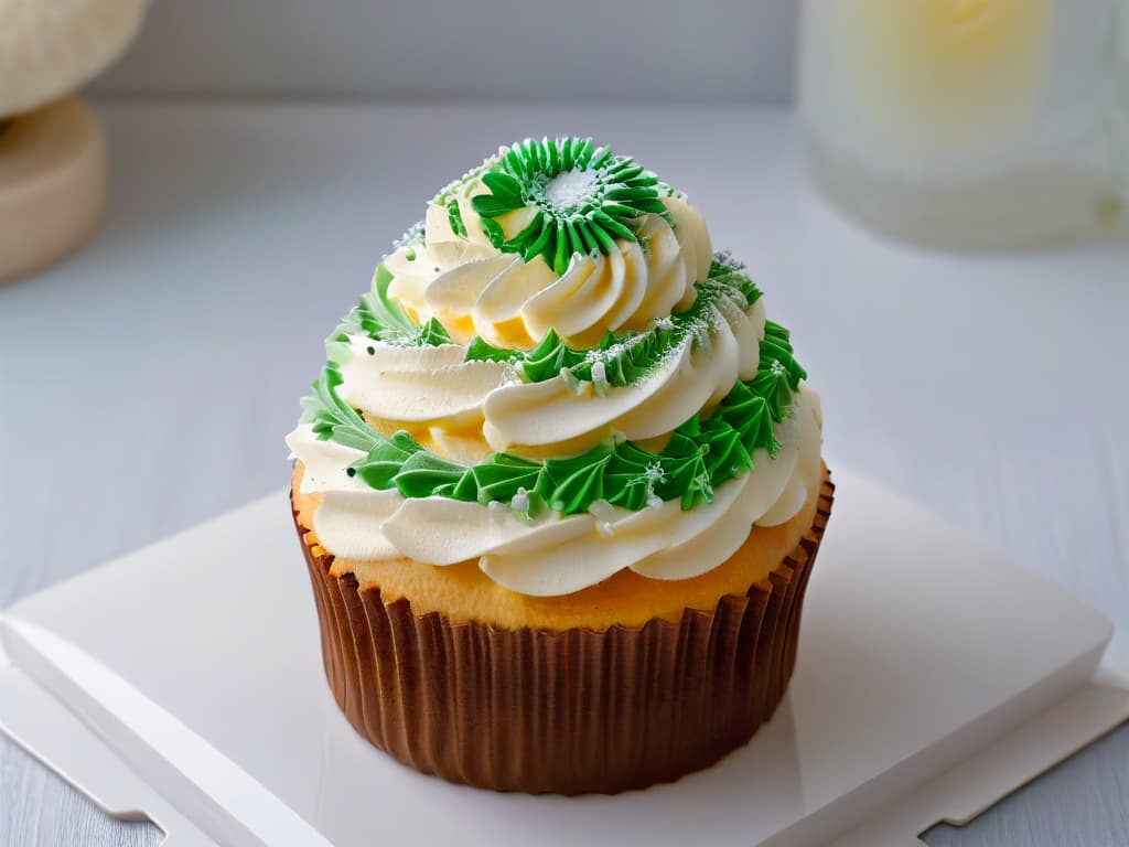  A closeup, ultradetailed image of a perfectly frosted cupcake with delicate sprinkles arranged in a gradient pattern, showcasing the intricate details and craftsmanship that elevate a simple treat into a work of art. The frosting is smooth and glossy, reflecting the light in a mesmerizing way, while the sprinkles shimmer subtly, creating a visually appealing and mouthwatering composition. hyperrealistic, full body, detailed clothing, highly detailed, cinematic lighting, stunningly beautiful, intricate, sharp focus, f/1. 8, 85mm, (centered image composition), (professionally color graded), ((bright soft diffused light)), volumetric fog, trending on instagram, trending on tumblr, HDR 4K, 8K