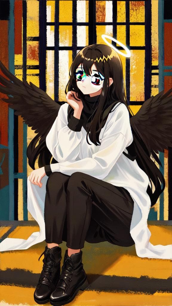 (****), 1girl, black hair, angel of death, innocent, brown eyes, diadem, angel wings, black clothes, full body, arms behind back, sky, halo, post apocalypse,