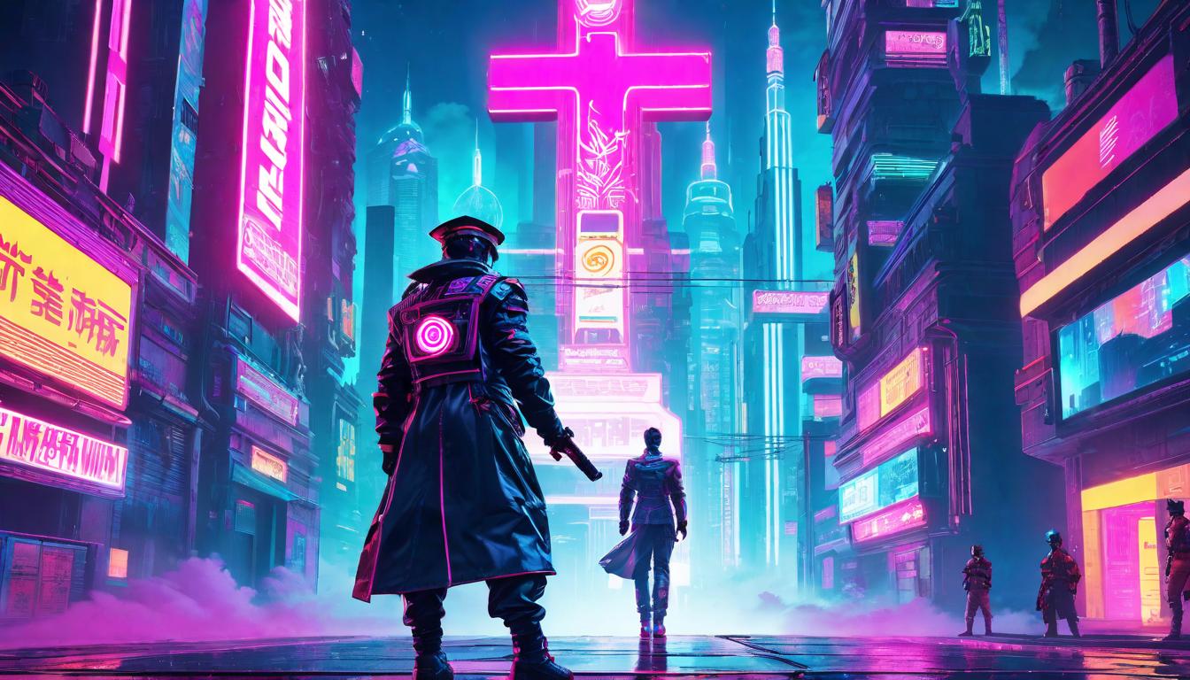  vaporwave,cyberpunk game style A figure standing at a crossroads, torch in hand, looking towards a path filled with light, refusing material temptations, spiritual dedication, enlightened choiceeon, dystopian, futuristic, digital, vibrant, detailed, high contrast, reminiscent of cyberpunk genre video games,retro aesthetic, cyberpunk, vibrant, neon colors, vintage 80s and 90s style, highly detailed