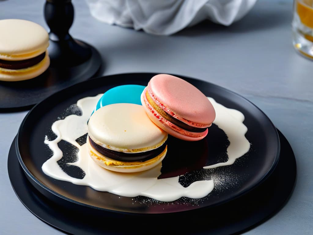  An ultradetailed closeup image of a delicate, intricately designed macaron placed on a sleek, modern black plate. The macaron is perfectly smooth, with a shiny surface reflecting soft lighting, showcasing its vibrant color and precise, symmetrical shape. The plate rests on a clean, minimalistic white surface, creating a sharp contrast that highlights the elegance and sophistication of the dessert. hyperrealistic, full body, detailed clothing, highly detailed, cinematic lighting, stunningly beautiful, intricate, sharp focus, f/1. 8, 85mm, (centered image composition), (professionally color graded), ((bright soft diffused light)), volumetric fog, trending on instagram, trending on tumblr, HDR 4K, 8K