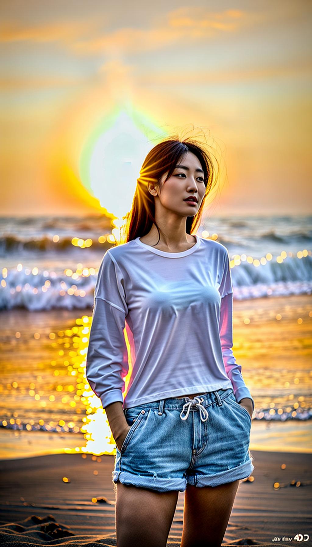  A photorealistic image of a beautiful slim young Japanese woman, with long black hair blowing in the wind, on the beach, in summer, wearing a plain white tee and denim shorts, with the sun setting in the background. hyperrealistic, full body, detailed clothing, highly detailed, cinematic lighting, stunningly beautiful, intricate, sharp focus, f/1. 8, 85mm, (centered image composition), (professionally color graded), ((bright soft diffused light)), volumetric fog, trending on instagram, trending on tumblr, HDR 4K, 8K