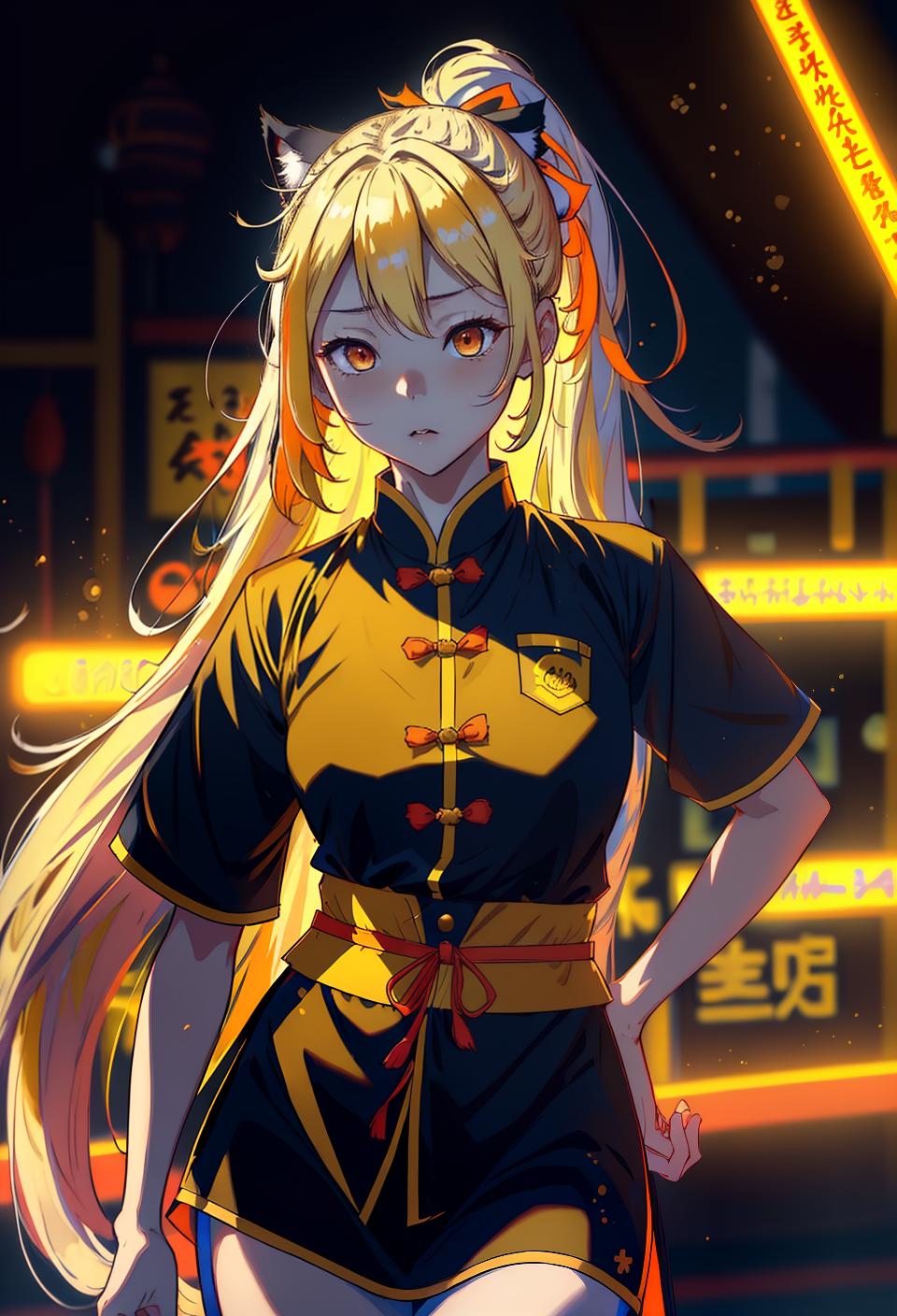  ((trending, highres, masterpiece, cinematic shot)), 1girl, young, female chinese outfit, amusement park scene, very long straight yellow hair, short ponytail,  orange eyes, antisocial, loner personality, sleepy expression, animal ears, animal tail, dark skin, magical, energetic