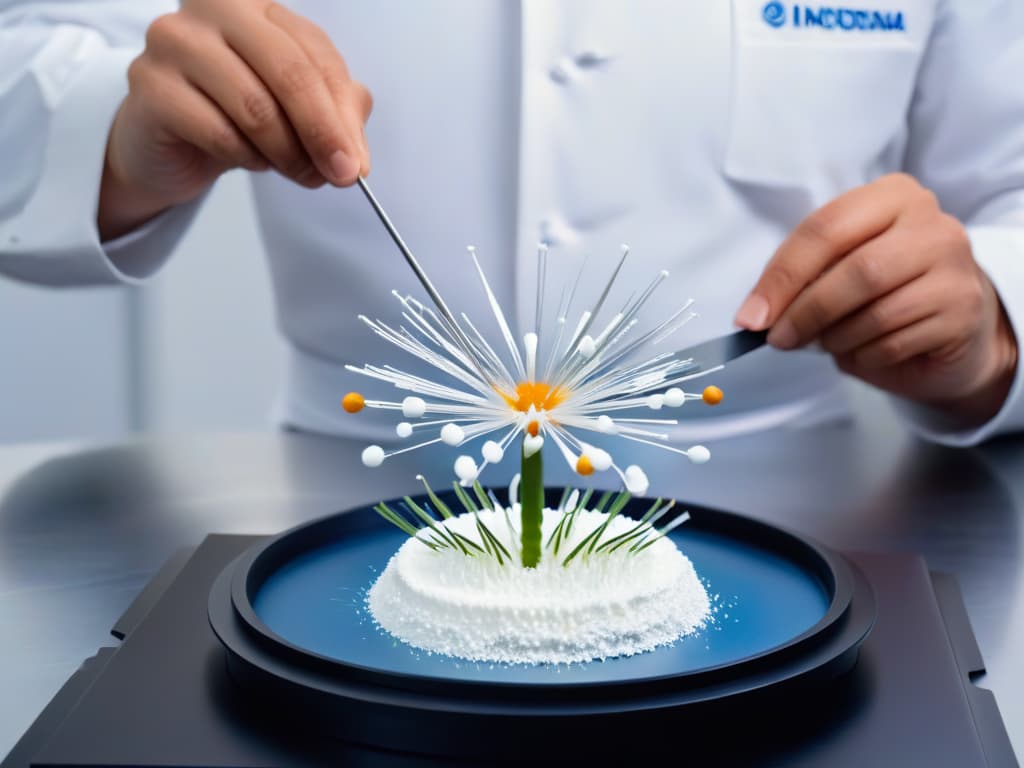  A closeup, ultradetailed image of a delicate sugar molecule structure being meticulously crafted by a chef's hands using tiny tweezers, set against a sleek, modern laboratory backdrop. The sugar molecule is intricately designed, showcasing its complex arrangement with precision and artistry, capturing the essence of molecular gastronomy in a visually striking and minimalist composition. hyperrealistic, full body, detailed clothing, highly detailed, cinematic lighting, stunningly beautiful, intricate, sharp focus, f/1. 8, 85mm, (centered image composition), (professionally color graded), ((bright soft diffused light)), volumetric fog, trending on instagram, trending on tumblr, HDR 4K, 8K