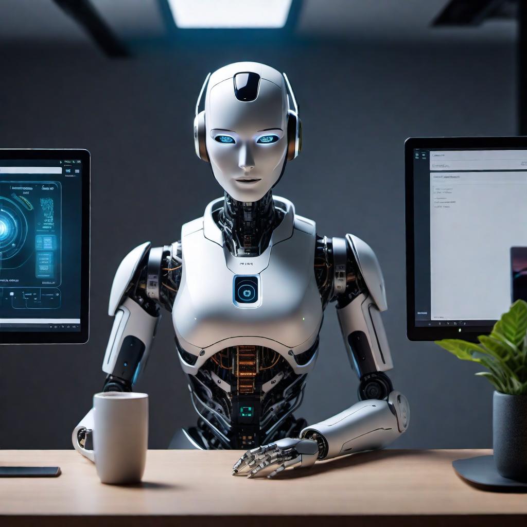  The image should depict a friendly AI assistant represented by a humanoid robot with a warm and welcoming expression. The AI is sitting at a help desk with a headset, conveying the idea that it's capable of assisting via voice. The setting is futuristic, with sleek technology and soft, ambient lighting to enhance the approachable atmosphere. The robot's design should be stylish yet simple, embodying the concept of cutting-edge technology paired with user-friendly demeanor. hyperrealistic, full body, detailed clothing, highly detailed, cinematic lighting, stunningly beautiful, intricate, sharp focus, f/1. 8, 85mm, (centered image composition), (professionally color graded), ((bright soft diffused light)), volumetric fog, trending on instagram, trending on tumblr, HDR 4K, 8K