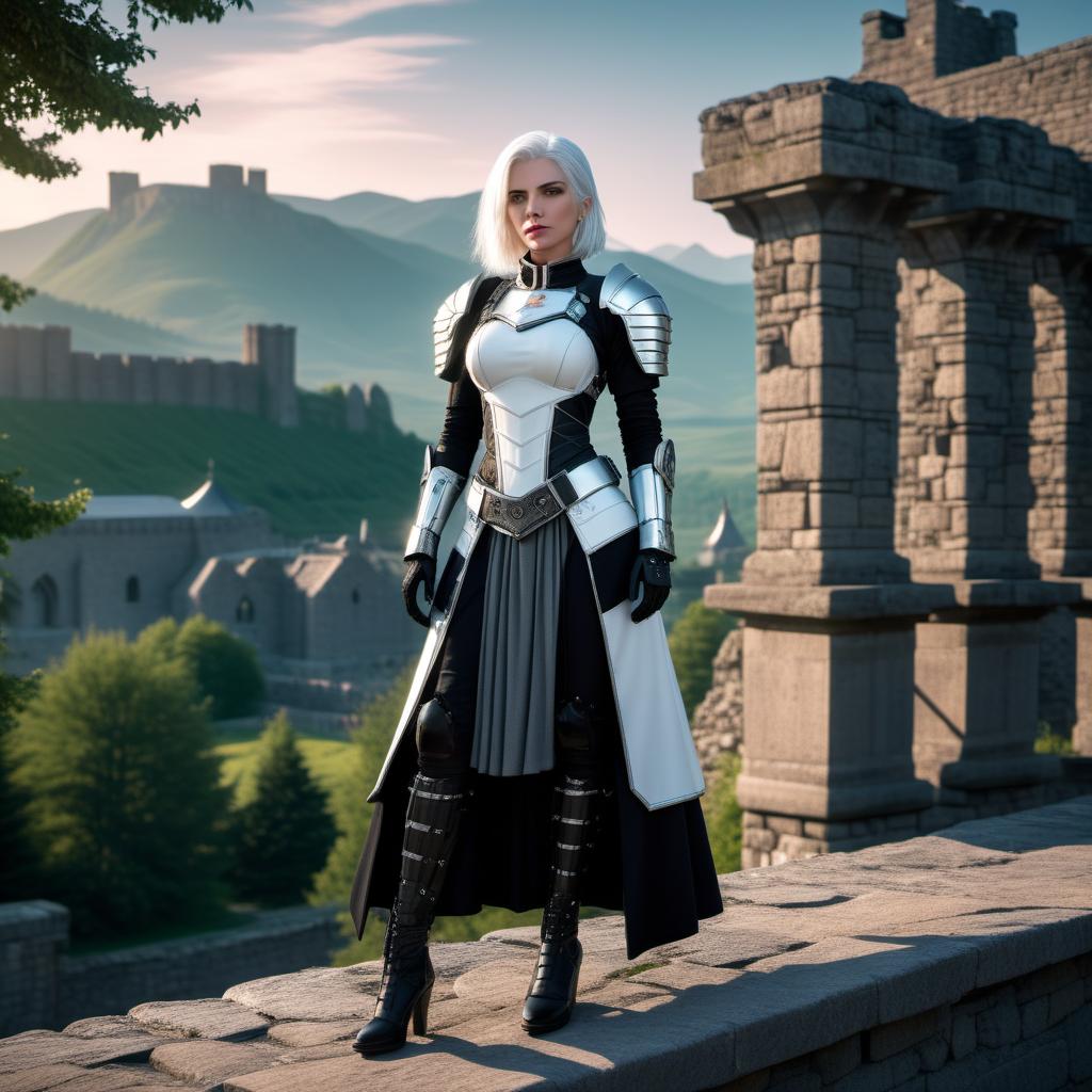  biomechanical cyberpunk cinematic portrait, a beautiful woman, paladin, chin-length white hair, standing on a stone balcony, mantle, skirt, gloves, vast meadows, trees, grass, stones, ruins of stone wall, sunrise, mountains background, detail, hdr, soft shaded, atmospheric, beautifully lit, award-winning, glowing shadows, beautiful gradient, by Alena Aenami and Aleksi Briclot and Alayna Lemmer . cybernetics, human-machine fusion, dystopian, organic meets artificial, dark, intricate, highly detailed
