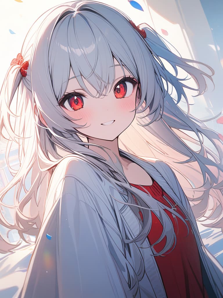  1 Girl, solo, white hair, dark pink, gradation, twosideup, long hair, big eyes, smiles, angels, red eyes, sauce eyes, masterpiece, best quality,8k,ultra detailed,high resolution,an extremely delicate and beautiful,hyper detail