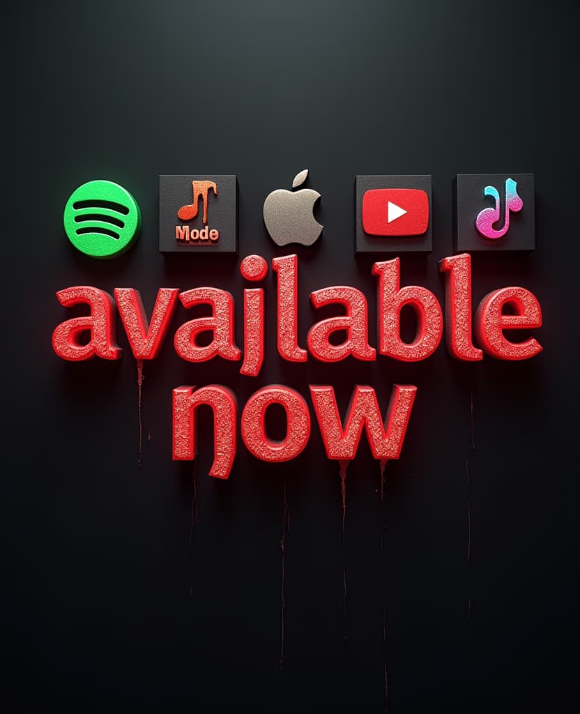  good quality, high quality, create an image with the logos in 3d of spotify, apple music, youtube, amazon music, deezer, pandora, tidal, napster. write the phrase "available now". the image must give an impression of hard rock music.