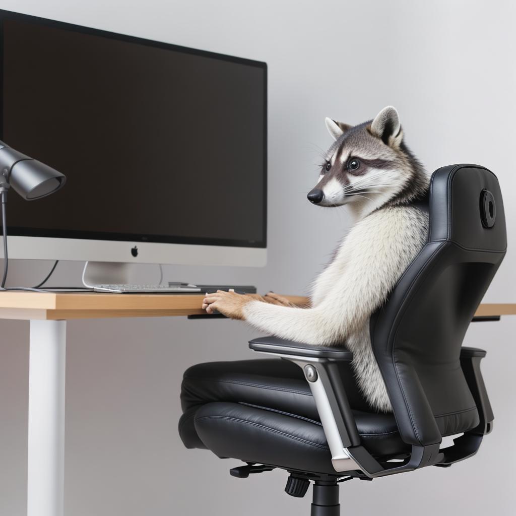  raccoon sitting in gaming chair front a computer on desktop, ((semi anthropomorphic)),(full body), tail, belly, sitting, fat, (chubby), (((white background))), solo, desktop, gaming chair, side view,  [[[clothes]]] hyperrealistic, full body, detailed clothing, highly detailed, cinematic lighting, stunningly beautiful, intricate, sharp focus, f/1. 8, 85mm, (centered image composition), (professionally color graded), ((bright soft diffused light)), volumetric fog, trending on instagram, trending on tumblr, HDR 4K, 8K