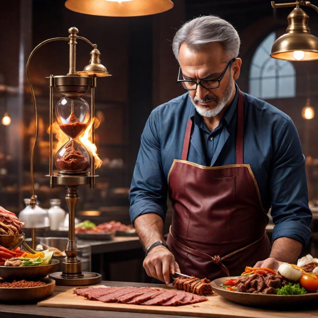  A physics professor cutting an hourglass shaped Turkish doner kebab hyperrealistic, full body, detailed clothing, highly detailed, cinematic lighting, stunningly beautiful, intricate, sharp focus, f/1. 8, 85mm, (centered image composition), (professionally color graded), ((bright soft diffused light)), volumetric fog, trending on instagram, trending on tumblr, HDR 4K, 8K