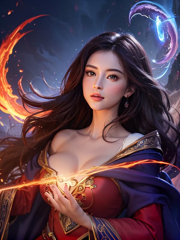  (((Best Quality))), ((Masterpiece)), (Detailed), Woman surrounded by roses (style-swirlmagic:0.8), portrait,  looking up, solo, half shot, detailed background, (<lyco:DecorationBundlev2:0.6>, SilverSapphireAI theme:1.1), eyes filled with power, mysterious spellcaster, trimmed purple flowing clothes,   arms raised,  hair flowing in the wind, (dark red fire), enchanted fireball <lora:Fire_VFX:0.3>, arcane spell,  bright lighting, cliff edge in background, ,  <lora:add_detail:1>