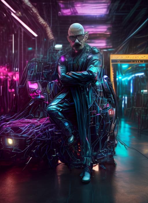 mdjrny-v4 style (Cyberpunk aesthetic), ultra high definition, (extremely detailed characters), (hyper realistic textures), advanced cybernetic enhancements, (neon drenched urban backdrop), (dramatic contrast lighting), (vibrant color palette), (meticulously designed outfits), (futuristic accessories), (dynamic poses), (expressive facial features), (4K ultra HD clarity), (8K resolution), (depth of field effect), (bokeh lighting effects), (professional composition), (artistic color grading), (soft shadowing), (ambient occlusion), (ray tracing reflections), (surreal atmosphere), (immersive environment), (signature cyberpunk elements), (innovative design), (cutting edge fashion), (photo realistic skin tones), (detailed texture mapping), (sophisticated lighting