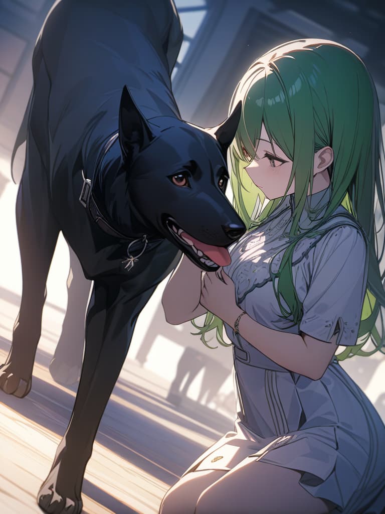  Green hair character and black Anubis, masterpiece, best quality,8k,ultra detailed,high resolution,an extremely delicate and beautiful,hyper detail