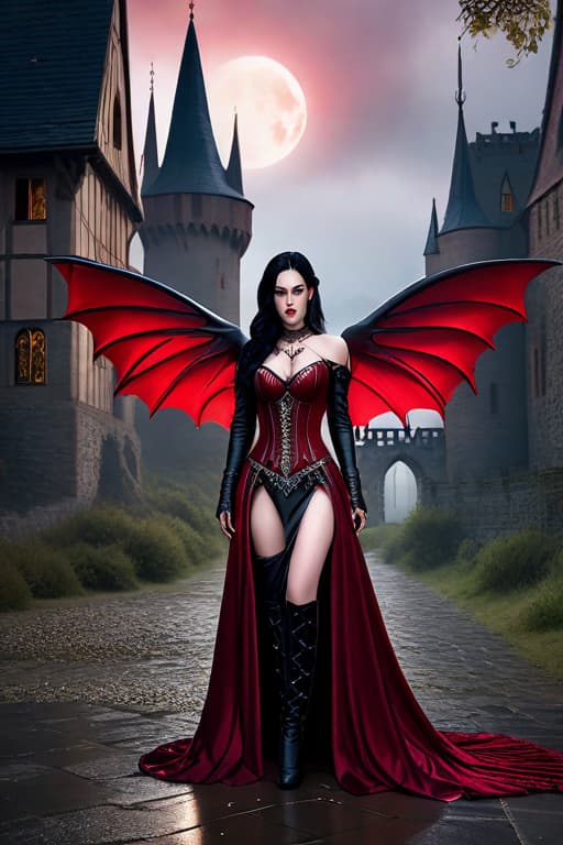  (masterpiece), (extremely intricate:1.3), (realistic), portrait of a 20 yea with fair skin, and black hair at is lossy pulled out, the most beautiful in the world, in the far background is a vampire gothic style castle up on a hill, (blood red gothic fantasy medieval armor), blood red shoulder armor, metal reflections, upper body, wearing a blood red Vampire Gothic style dress with dropping blood trim, with 6 demon fairy like wings coming out her back made out of blood, ornamental piercing the wings, swooped forward horns, professional photograph of a stunning woman detailed, sharp focus, dramatic, award winning, cinematic lighting, octane render, unreal engine, volumetrics dtx, (film grain) intense moonlight, 6horn out of  hyperrealistic, full body, detailed clothing, highly detailed, cinematic lighting, stunningly beautiful, intricate, sharp focus, f/1. 8, 85mm, (centered image composition), (professionally color graded), ((bright soft diffused light)), volumetric fog, trending on instagram, trending on tumblr, HDR 4K, 8K