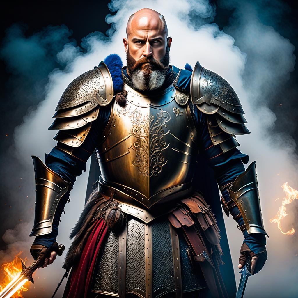  expressionist A bald and bearded warrior in knight's armor, without a helmet. . raw, emotional, dynamic, distortion for emotional effect, vibrant, use of unusual colors, detailed hyperrealistic, full body, detailed clothing, highly detailed, cinematic lighting, stunningly beautiful, intricate, sharp focus, f/1. 8, 85mm, (centered image composition), (professionally color graded), ((bright soft diffused light)), volumetric fog, trending on instagram, trending on tumblr, HDR 4K, 8K