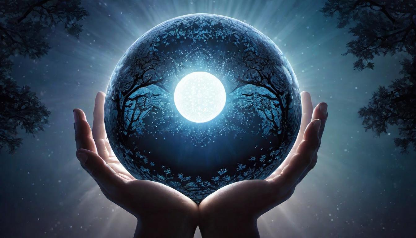  digital illustration, Hands cupped around a glowing orb, the orb's light casting soft, intricate patterns on the surrounding darkness, metaphor for tuning in to nature's frequencies, enlightenment, serene connection, looking at viewer, dynamic pose, (intricate details, masterpiece, best quality)