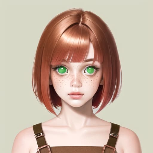  portrait of a girl with coppery red bob hair. Light green eyes, button nose, freckles and thin lips. She is wearing a simple brown dress with straps and slightly low-cut