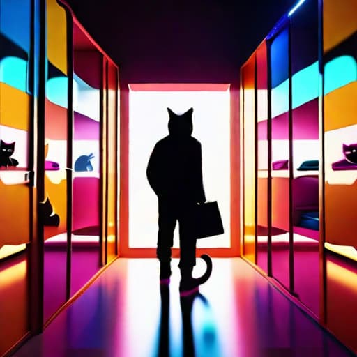  a cat A stylish young GenZ man in Retro fashion outfit walking out of retro closet, Neon lighting, Pixar 3d design, 3D animation, unreal engine, epic lighting, 3D, in the style of rhads, disney animation, 32k uhd