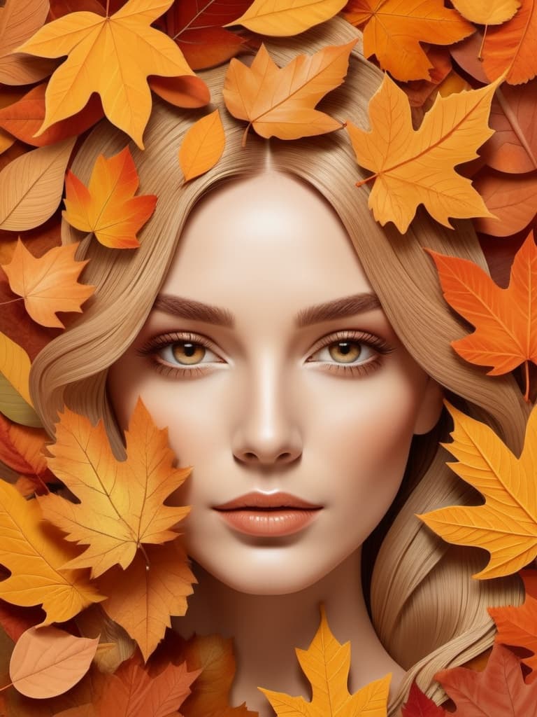  Advertising poster style girl's face made of autumn leaves, woman portrait in autumn, style of Amanda Sage . Professional, modern, product-focused, commercial, eye-catching, highly detailed