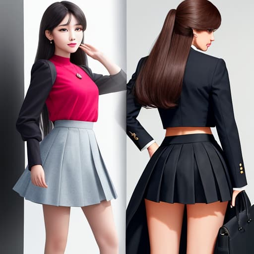  Modern beauty, standing, short skirt, front and back, long hair,