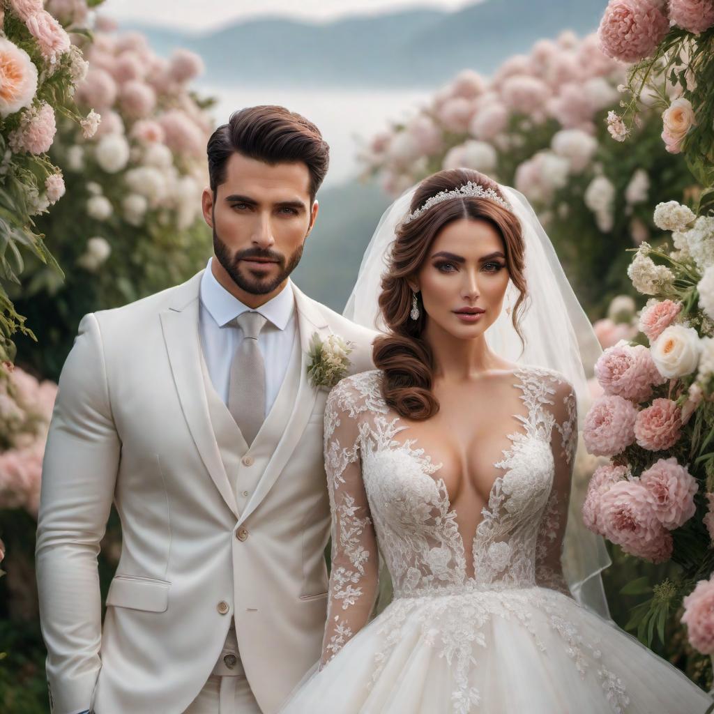  A beautiful and elegant wedding scene with flowers, a bride and groom, and a picturesque background. hyperrealistic, full body, detailed clothing, highly detailed, cinematic lighting, stunningly beautiful, intricate, sharp focus, f/1. 8, 85mm, (centered image composition), (professionally color graded), ((bright soft diffused light)), volumetric fog, trending on instagram, trending on tumblr, HDR 4K, 8K