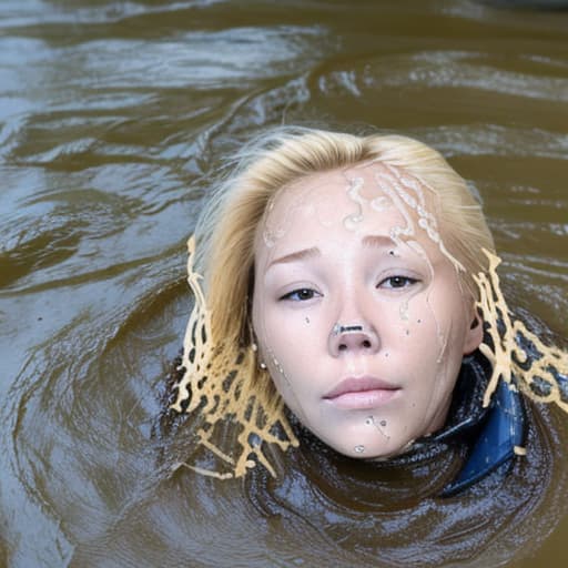  woman's face with blonde hair drowning in the river