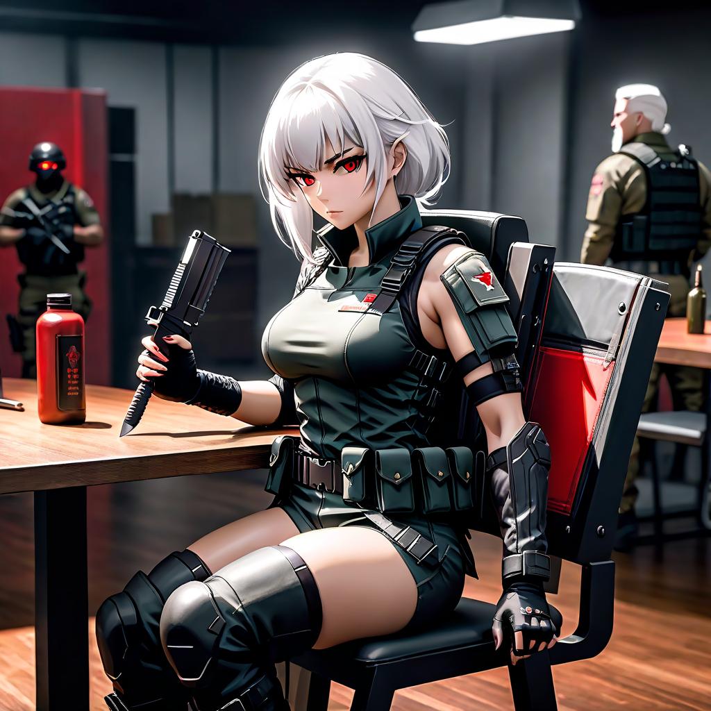  A girl of medium height, with white hair and red eyes, wearing tactical clothing, a tactical belt, a bulletproof vest, sits on a chair holding a knife, looking at the table. On her head, a buff covering her face, a serious look, on the table a helmet with the abbreviation Neet. hyperrealistic, full body, detailed clothing, highly detailed, cinematic lighting, stunningly beautiful, intricate, sharp focus, f/1. 8, 85mm, (centered image composition), (professionally color graded), ((bright soft diffused light)), volumetric fog, trending on instagram, trending on tumblr, HDR 4K, 8K