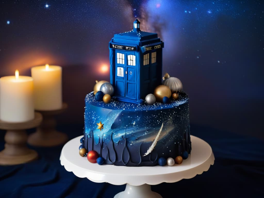  An ultradetailed, photorealistic image of a galaxythemed cake inspired by Doctor Who, featuring intricate details like edible stars, planets, and a TARDIS cake topper. The cake is set against a backdrop of a starry night sky, with swirling galaxies and twinkling lights, creating a mesmerizing and otherworldly dessert masterpiece. hyperrealistic, full body, detailed clothing, highly detailed, cinematic lighting, stunningly beautiful, intricate, sharp focus, f/1. 8, 85mm, (centered image composition), (professionally color graded), ((bright soft diffused light)), volumetric fog, trending on instagram, trending on tumblr, HDR 4K, 8K