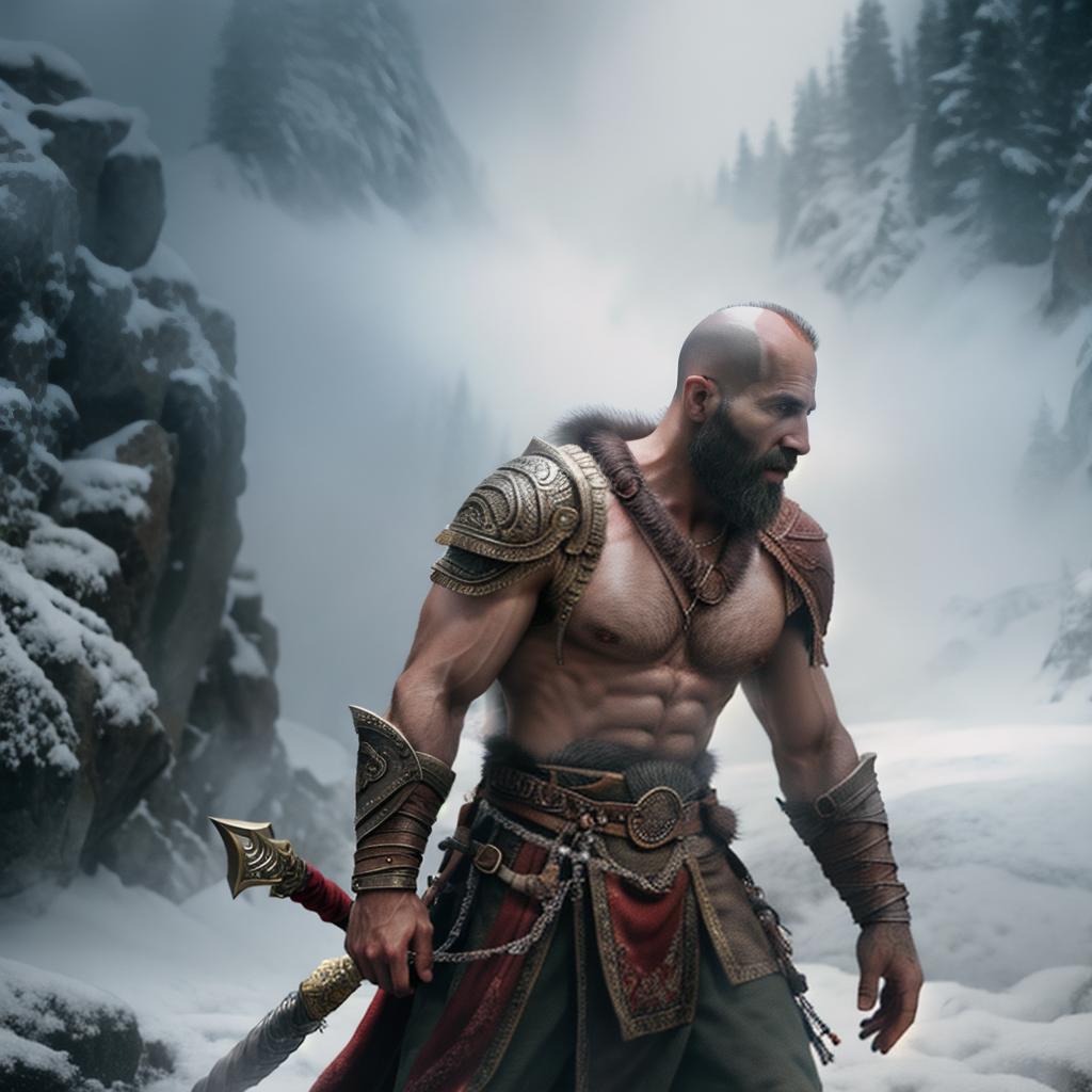  God of war hyperrealistic, full body, detailed clothing, highly detailed, cinematic lighting, stunningly beautiful, intricate, sharp focus, f/1. 8, 85mm, (centered image composition), (professionally color graded), ((bright soft diffused light)), volumetric fog, trending on instagram, trending on tumblr, HDR 4K, 8K