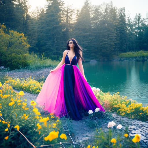 nvinkpunk Beautiful girl with long black hair, long dress, walking on the banks of the river, tall trees, amid small yellow and white roses, pure picture, hyperrealistic, full body, detailed clothing, highly detailed, cinematic lighting, stunningly beautiful, intricate, sharp focus, f/1. 8, 85mm, (centered image composition), (professionally color graded), ((bright soft diffused light)), volumetric fog, trending on instagram, trending on tumblr, HDR 4K, 8K