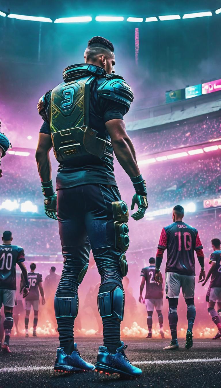  Cyberpunk style depiction of Football. The scene is set in a world where technology has advanced, but society and human conditions have not, creating a gritty, dystopian atmosphere. hyperrealistic, full body, detailed clothing, highly detailed, cinematic lighting, stunningly beautiful, intricate, sharp focus, f/1. 8, 85mm, (centered image composition), (professionally color graded), ((bright soft diffused light)), volumetric fog, trending on instagram, trending on tumblr, HDR 4K, 8K