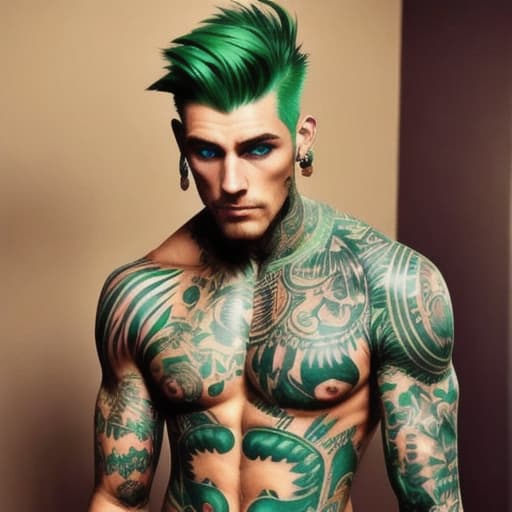  Tall muscular tattoos Man sort green hair golden earrings orange eyes