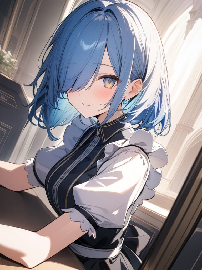  ultra detailed:1.2masterpiece:1.2,best quality,masterpiece,bestquality,hdr:1.1,8k:1.1,very cute :1.3,long hair forehead :1.4,hair hair over eyes,(blue hair )(maid :1.4, smile ,upper body,Dutch angles:1.3,luxury room:1.3,celtic patterns:1.2,face focus:1.3, masterpiece, best quality,8k,ultra detailed,high resolution,an extremely delicate and beautiful,hyper detail