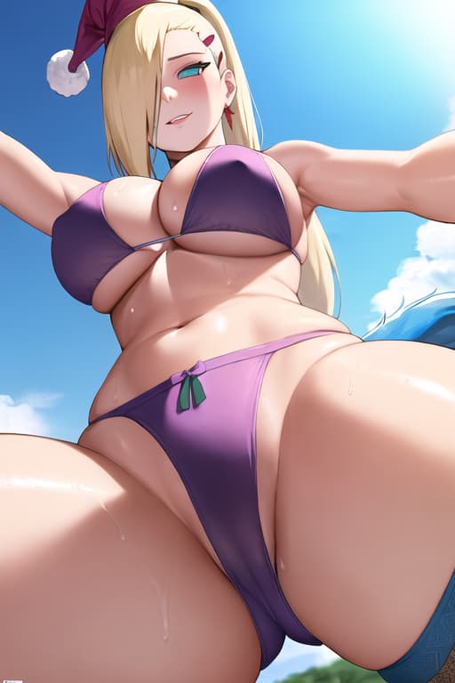  (yamanaka_ino:1.2), hair down,(masterpiece, best quality:1.2), illustration, absurdres, highres, extremely detailed,string_bikini,white Stocking,santa_hat,tail,perky,soggysweat oiledwet,reclining,,from below,(extremely detailed face) (very detailed and expressive eyes),finely detailed finely detailed,(selfie),1girl,exhibitionism, clothes clothes lift,out juice sweating ,looking at viewer outdoor day