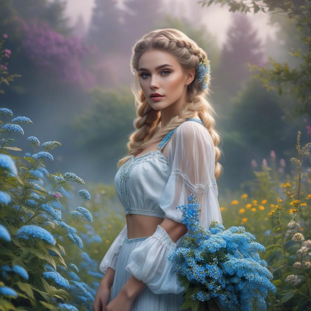  alien themed Beautiful cute girl milkmaid in forget me nots with blondie braid high detail,holding a bouquet of wildflowers forget me nots mah many big bouquet of forget me nots. mah huge etc.... high resolution, 124k max detail professional photo, anatomy, detailing background summer landscape meadow flowers . extraterrestrial, cosmic, otherworldly, mysterious, sci fi, highly detailed hyperrealistic, full body, detailed clothing, highly detailed, cinematic lighting, stunningly beautiful, intricate, sharp focus, f/1. 8, 85mm, (centered image composition), (professionally color graded), ((bright soft diffused light)), volumetric fog, trending on instagram, trending on tumblr, HDR 4K, 8K