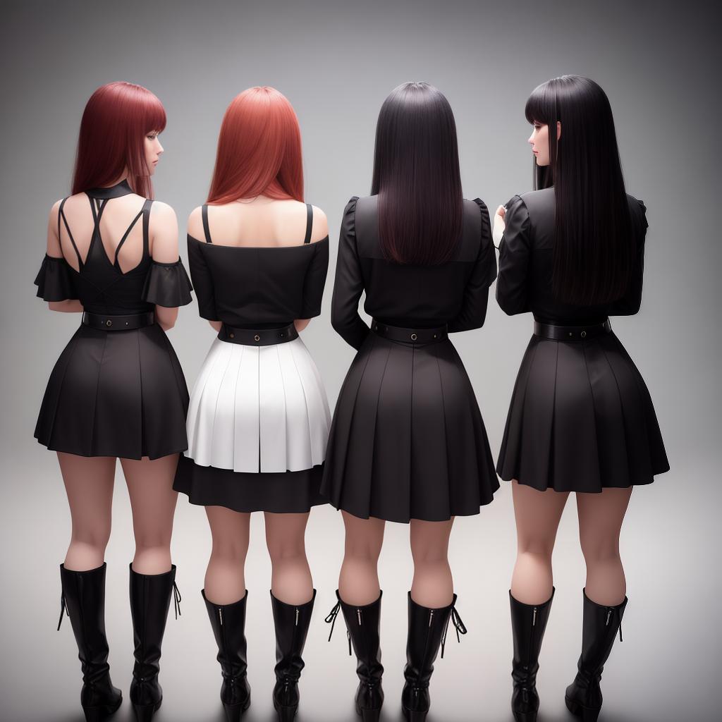  A masterpiece of three girls seen from the back and three girls seen from the front, all wearing outfits with 1 cm skirts and high boots, in a realistic style. The image will be of the best quality and resolution of 8k, providing high and ultra-detailed visuals. hyperrealistic, full body, detailed clothing, highly detailed, cinematic lighting, stunningly beautiful, intricate, sharp focus, f/1. 8, 85mm, (centered image composition), (professionally color graded), ((bright soft diffused light)), volumetric fog, trending on instagram, trending on tumblr, HDR 4K, 8K