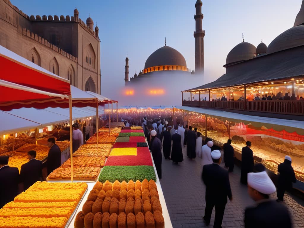  An ultradetailed image of a bustling local dessert festival capturing vibrant stalls adorned with colorful treats from around the world. In the foreground, diverse visitors in traditional attire sample pastries, while in the background, a dynamic cityscape showcases a fusion of cultures through architectural elements like mosques, temples, and churches against a sunset sky. The image exudes a sense of community, celebration, and cultural richness, embodying the essence of diversity in dessert festivals. hyperrealistic, full body, detailed clothing, highly detailed, cinematic lighting, stunningly beautiful, intricate, sharp focus, f/1. 8, 85mm, (centered image composition), (professionally color graded), ((bright soft diffused light)), volumetric fog, trending on instagram, trending on tumblr, HDR 4K, 8K