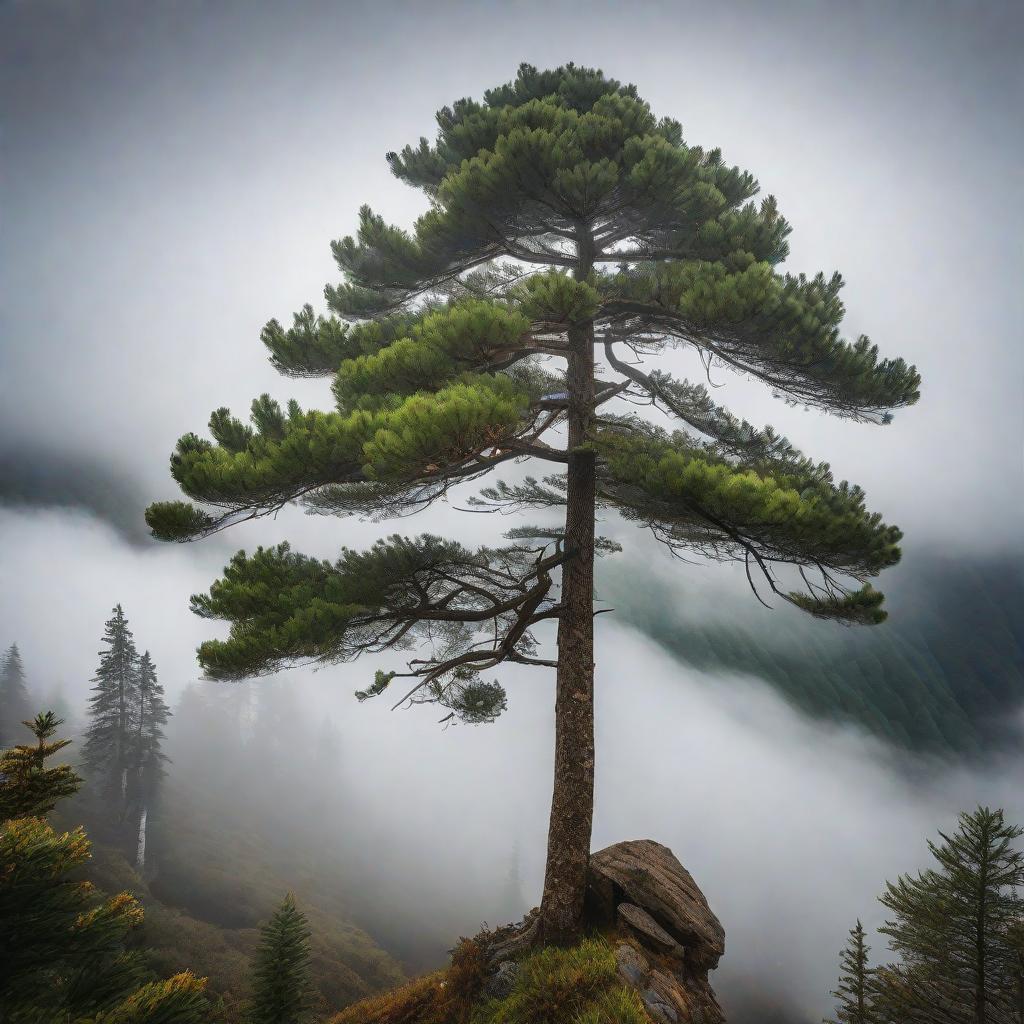  A pine tree rises high into the clouds on a steep mountain peak in dense fog, close-up