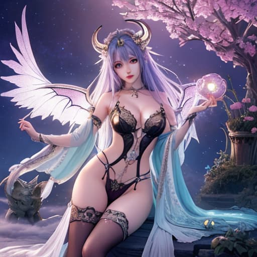  ((best quality)), ((masterpiece)), (detailed), alluring succubus, ethereal beauty, perched on a cloud, (fantasy illustration:1.3), enchanting gaze, captivating pose, delicate wings, otherworldly charm, mystical sky, (Luis Royo:1.2), (Yoshitaka Amano:1.1), moonlit night, soft colors, (detailed cloudscape:1.3), (high resolution:1.2) hyperrealistic, full body, detailed clothing, highly detailed, cinematic lighting, stunningly beautiful, intricate, sharp focus, f/1. 8, 85mm, (centered image composition), (professionally color graded), ((bright soft diffused light)), volumetric fog, trending on instagram, trending on tumblr, HDR 4K, 8K