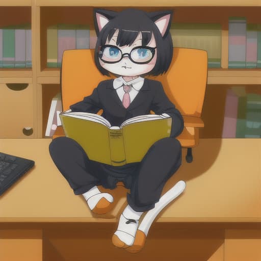  cartoon kitten. cute anthropomorphic kitten. cute cartoon. cute vtuber. wearing glasses. desk. sitting in a char. reading. cute atwork. inspired by manga master. cute core. cat_ cat. cute digital art.