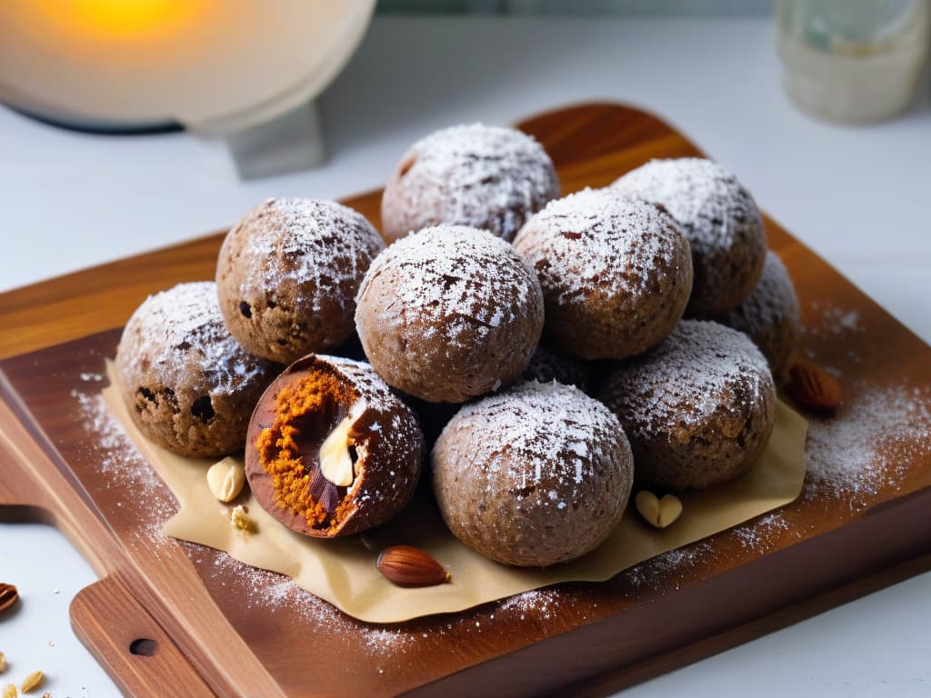  A closeup photorealistic image of a decadent chocolate and date energy ball, perfectly styled on a rustic wooden serving board. The energy ball is coated in a dusting of cacao powder, with chopped nuts and shredded coconut sprinkled around it. The rich texture of the dates is evident, and the glossy finish of the chocolate is so realistic that it almost glistens under a soft, natural light. The details are so crisp that every grain of coconut and cacao powder is distinguishable, making the viewer almost able to taste the sweet and nutritious treat. hyperrealistic, full body, detailed clothing, highly detailed, cinematic lighting, stunningly beautiful, intricate, sharp focus, f/1. 8, 85mm, (centered image composition), (professionally color graded), ((bright soft diffused light)), volumetric fog, trending on instagram, trending on tumblr, HDR 4K, 8K