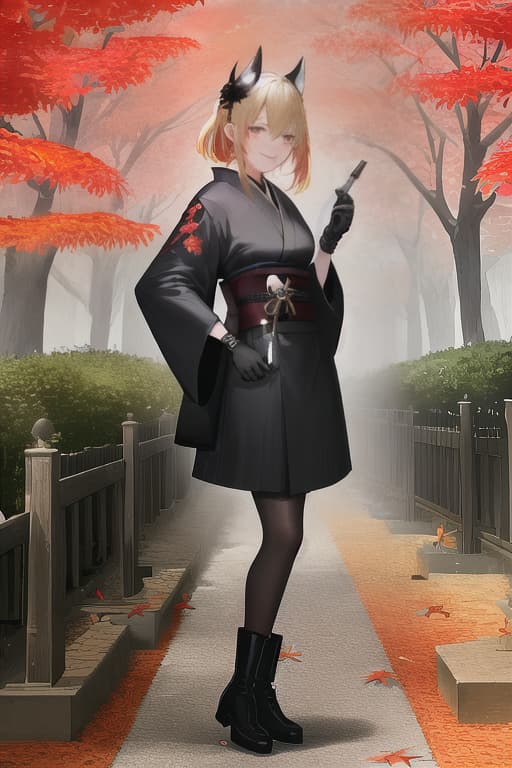  Black kimono, blonde, milk bag, bewitching smile, leather gloves, boots, red umbrellas, hairpins, Japanese gardens, autumn leaves, and turn around hyperrealistic, full body, detailed clothing, highly detailed, cinematic lighting, stunningly beautiful, intricate, sharp focus, f/1. 8, 85mm, (centered image composition), (professionally color graded), ((bright soft diffused light)), volumetric fog, trending on instagram, trending on tumblr, HDR 4K, 8K