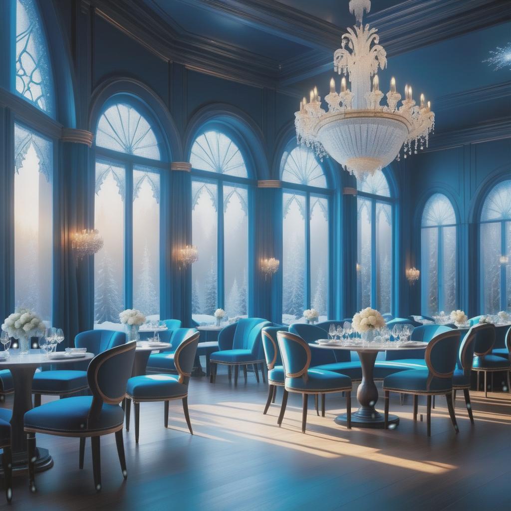  ethereal fantasy concept art of (Cafe interior). (Floor and walls):decorated with snowy intricate patterns of blue, white, silver snowflakes. (Furniture): elegant tables and chairs are forged from ice crystals and sparkle in the starlight. The windows are covered with openwork curtains made of frost. . magnificent, celestial, ethereal, painterly, epic, majestic, magical, fantasy art, cover art, dreamy hyperrealistic, full body, detailed clothing, highly detailed, cinematic lighting, stunningly beautiful, intricate, sharp focus, f/1. 8, 85mm, (centered image composition), (professionally color graded), ((bright soft diffused light)), volumetric fog, trending on instagram, trending on tumblr, HDR 4K, 8K