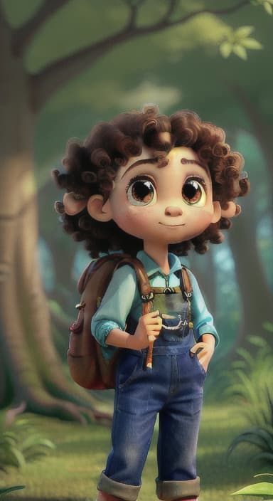  {The tree with a twinkling eye, while its leaves gently rustle., Riley, a curious with big brown eyes and curly hair, wearing overalls and carrying a small backpack. Their friend, Skye, a bluebird with shiny feathers.