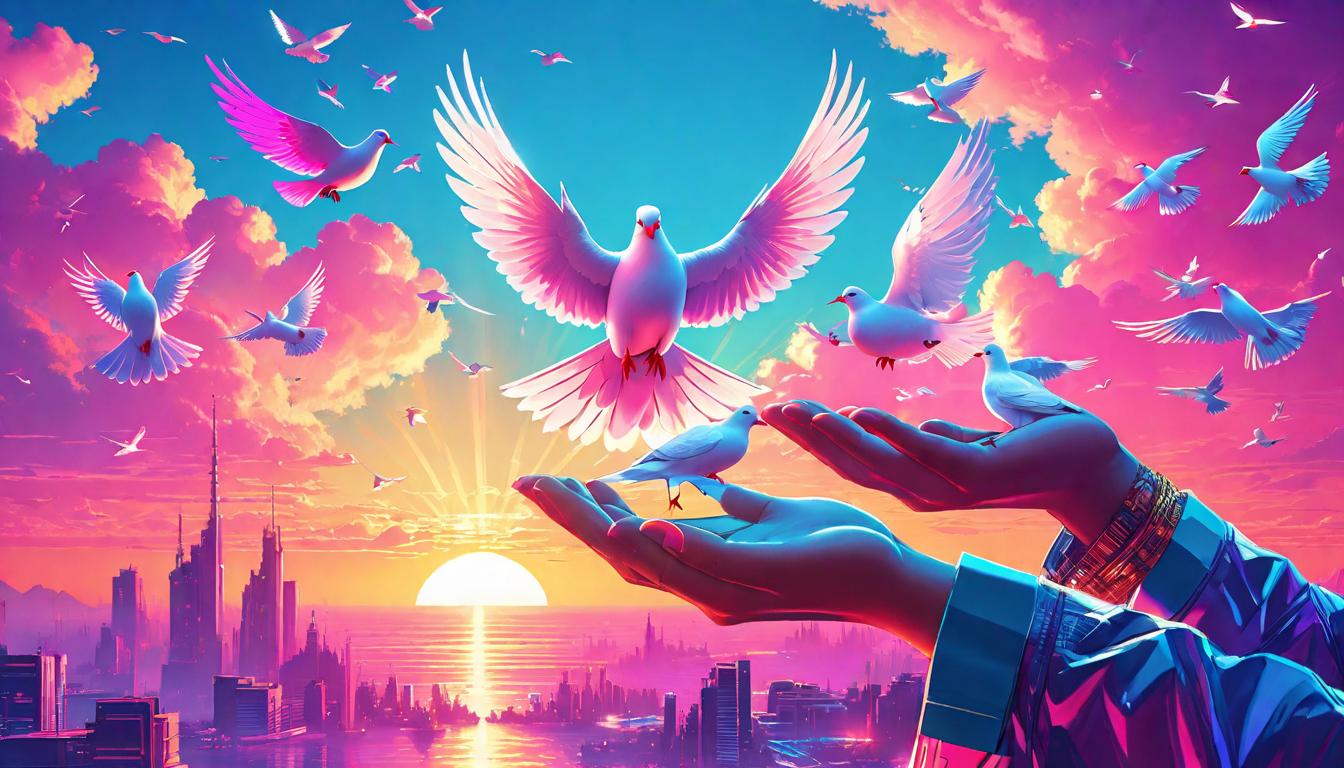  vaporwave,cyberpunk game style Open hands releasing a flock of doves into a sunrise, symbolizing peace and the offering of understanding. Pathways for dialogue, the beauty of constructive conversation, uplifting.eon, dystopian, futuristic, digital, vibrant, detailed, high contrast, reminiscent of cyberpunk genre video games,retro aesthetic, cyberpunk, vibrant, neon colors, vintage 80s and 90s style, highly detailed