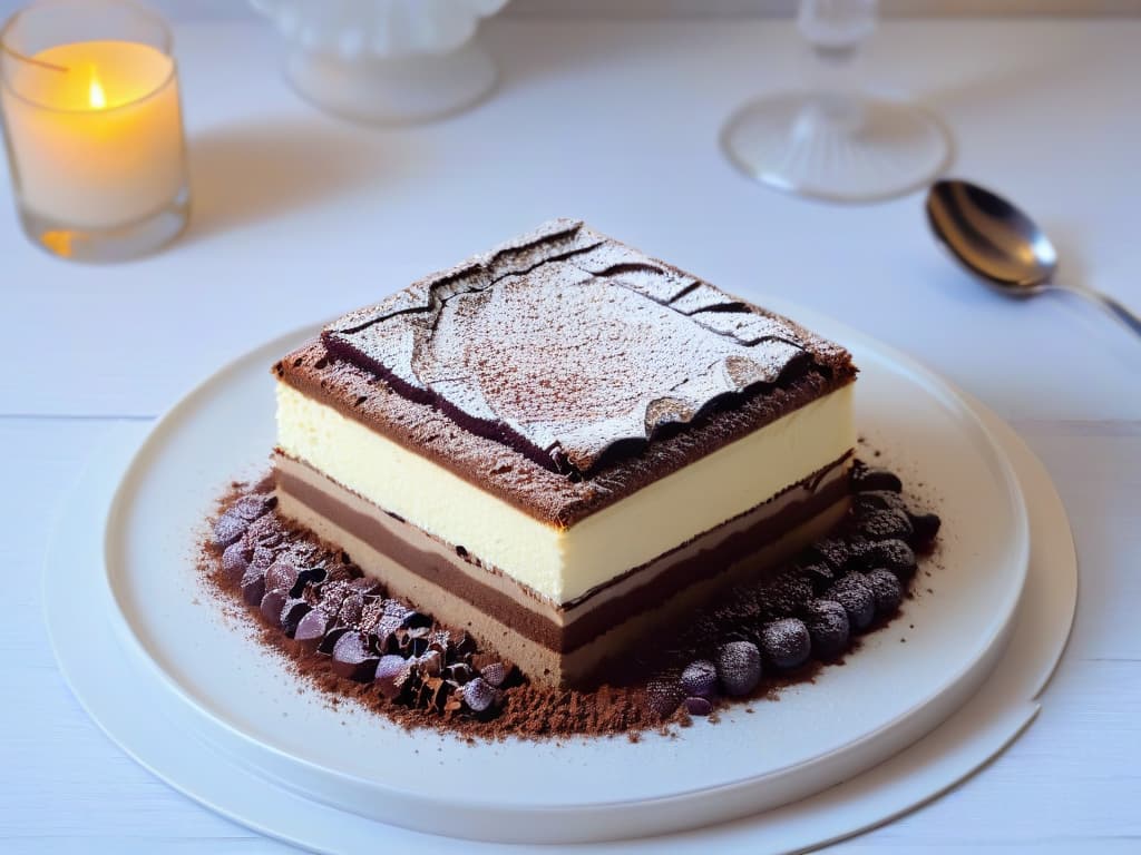  An ultradetailed image of a perfectly layered tiramisu dessert on a sleek, modern plate. The dessert is topped with a dusting of rich cocoa powder and delicate chocolate shavings. The plate sits on a dark walnut table, accented by a single elegant silver spoon resting beside it. The lighting is soft and warm, casting a gentle glow on the dessert and creating a luxurious ambiance. hyperrealistic, full body, detailed clothing, highly detailed, cinematic lighting, stunningly beautiful, intricate, sharp focus, f/1. 8, 85mm, (centered image composition), (professionally color graded), ((bright soft diffused light)), volumetric fog, trending on instagram, trending on tumblr, HDR 4K, 8K