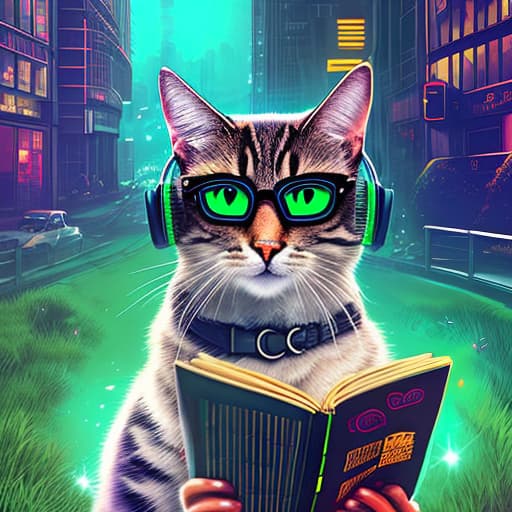 nvinkpunk Realistic image of a cat wearing headphones and reading glasses while riding a bus. hyperrealistic, full body, detailed clothing, highly detailed, cinematic lighting, stunningly beautiful, intricate, sharp focus, f/1. 8, 85mm, (centered image composition), (professionally color graded), ((bright soft diffused light)), volumetric fog, trending on instagram, trending on tumblr, HDR 4K, 8K