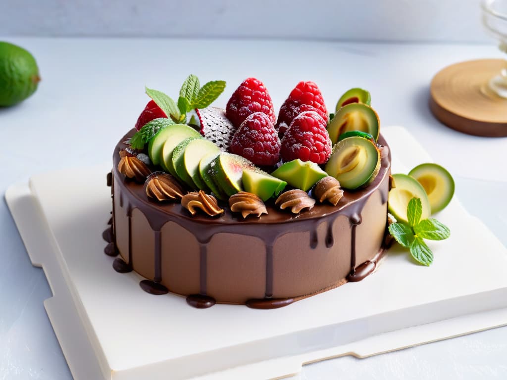  An exquisitely detailed, photorealistic image of a decadent chocolate avocado mousse cake garnished with fresh raspberries and mint leaves. The cake is displayed on a sleek marble platter, highlighting its rich, creamy texture and vibrant, natural toppings. The lighting is soft yet highlighting the glossy surface of the cake, making it appear both indulgent and healthy, perfectly capturing the essence of superfoods in healthy desserts. hyperrealistic, full body, detailed clothing, highly detailed, cinematic lighting, stunningly beautiful, intricate, sharp focus, f/1. 8, 85mm, (centered image composition), (professionally color graded), ((bright soft diffused light)), volumetric fog, trending on instagram, trending on tumblr, HDR 4K, 8K