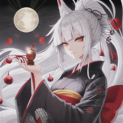  old fox lady, black-white hair, Japanese outfits, age 30 old, big red needle in hands, self-confident look